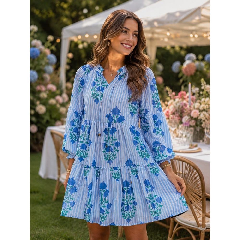 NWT Oliphant Blue Floral and Stripe Balloon Sleeve Short Dress Size Small